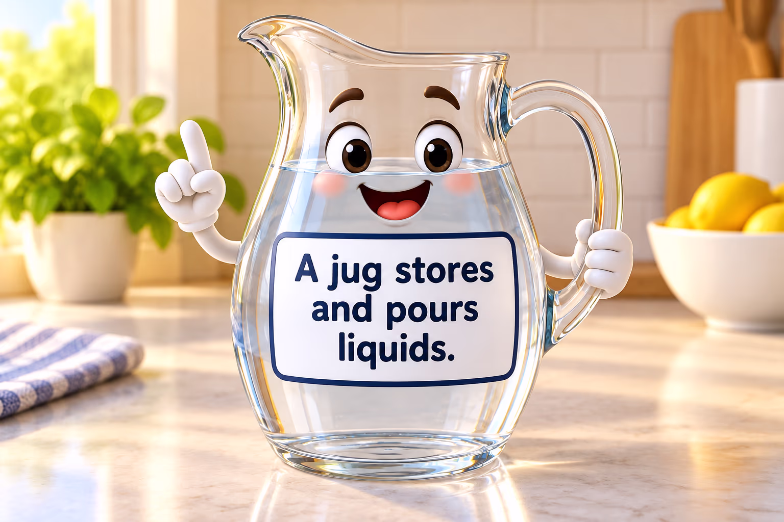 A handled glass jug with a spout beside the teaching label “A jug stores and pours liquids.”