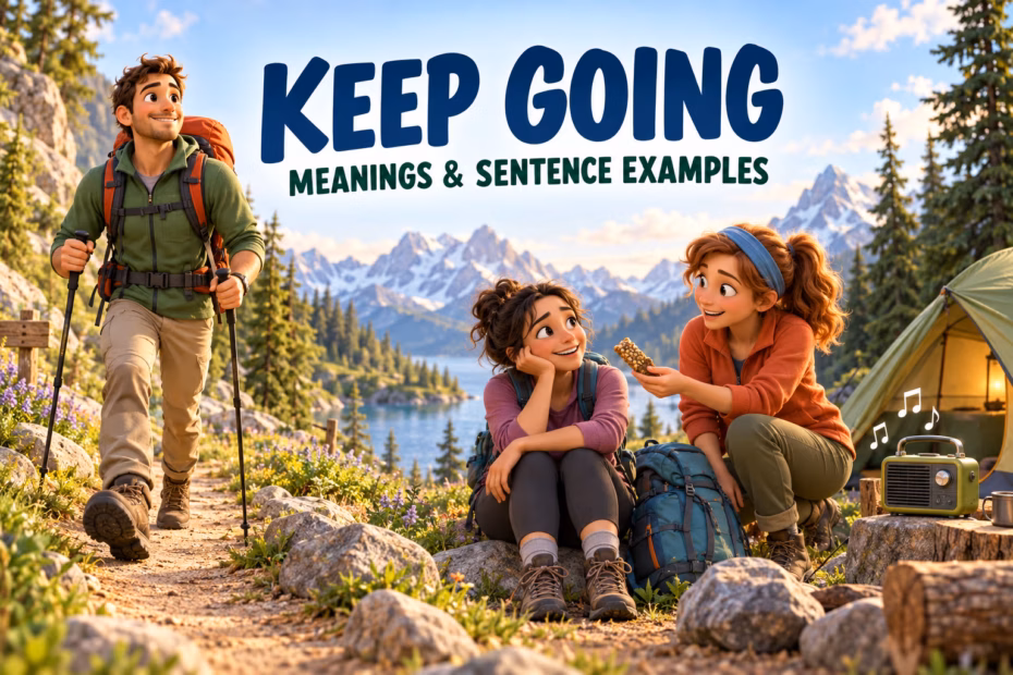 Three cartoon scenes show a hiker continuing along a trail, a friend sharing a snack, and a radio playing under the KEEP GOING headline