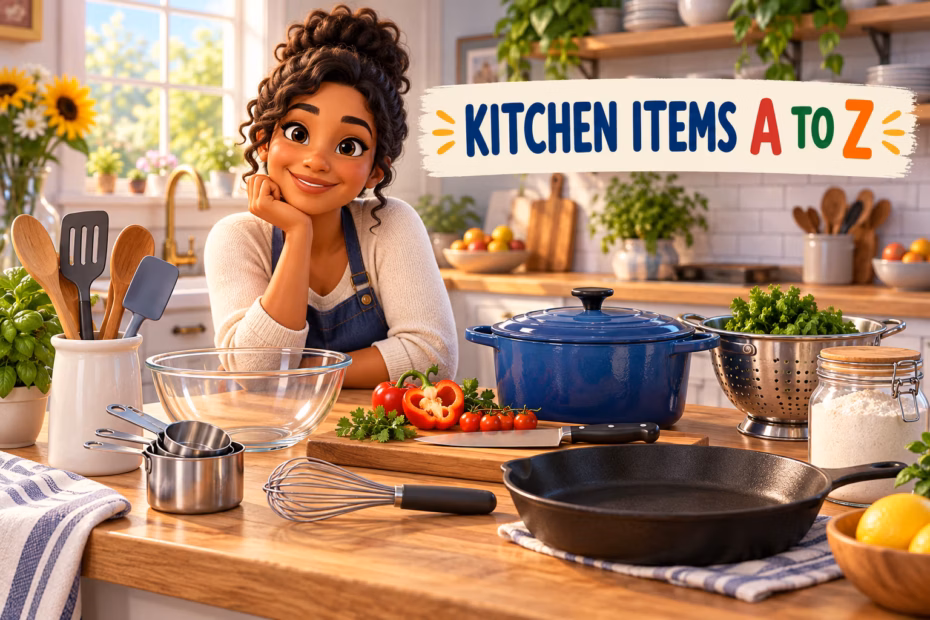 Illustrated home cook and common kitchen tools beneath the title Kitchen Items A to Z