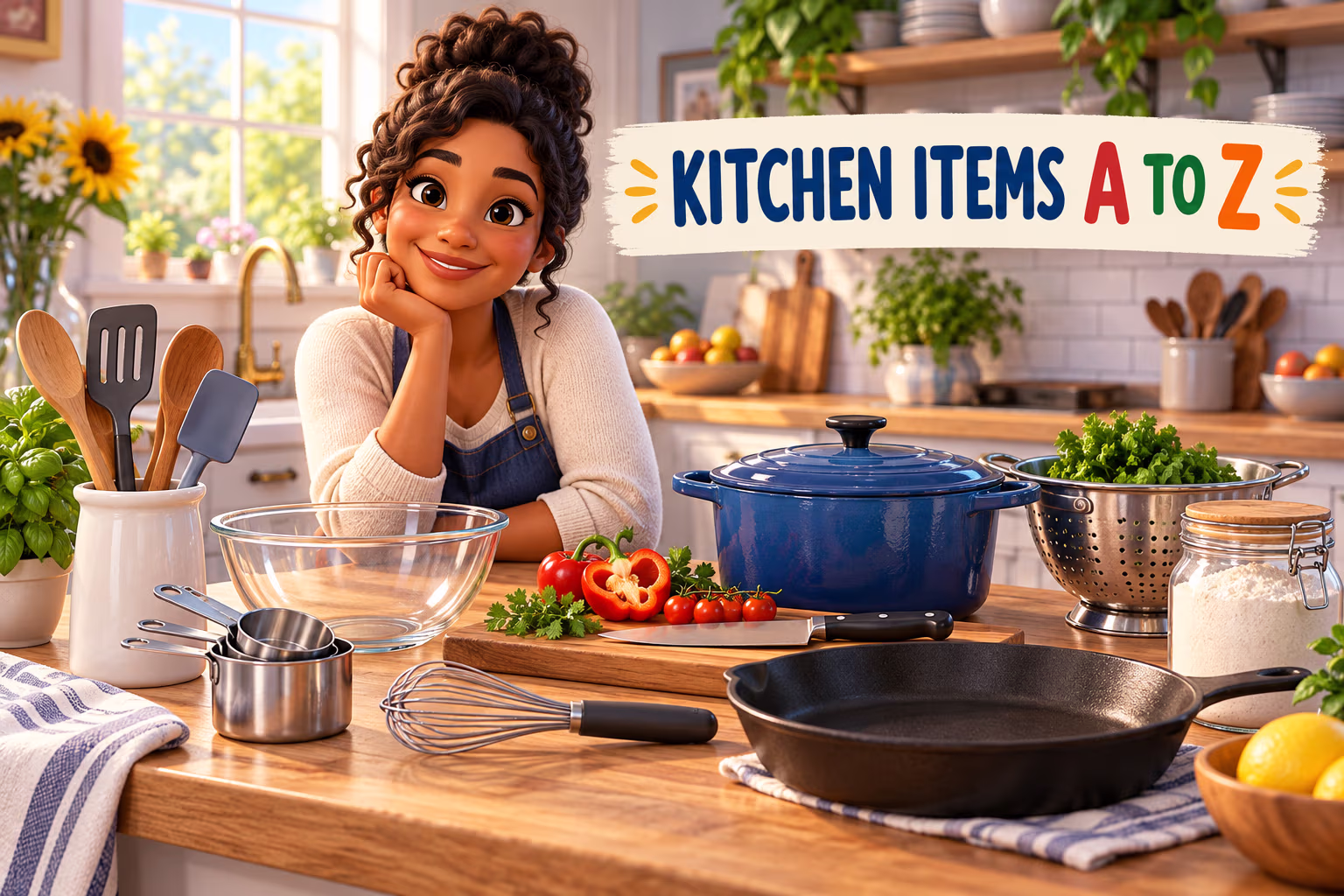 Illustrated home cook and common kitchen tools beneath the title Kitchen Items A to Z
