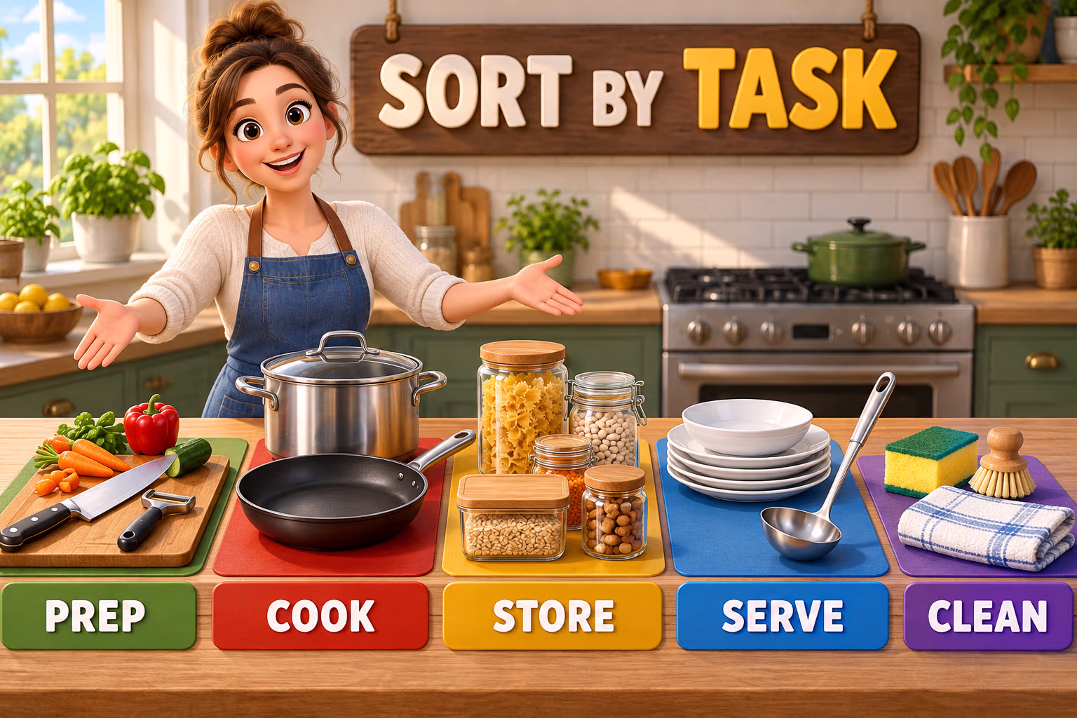 Kitchen task infographic grouping items for preparation, cooking, storage, serving, and cleaning
