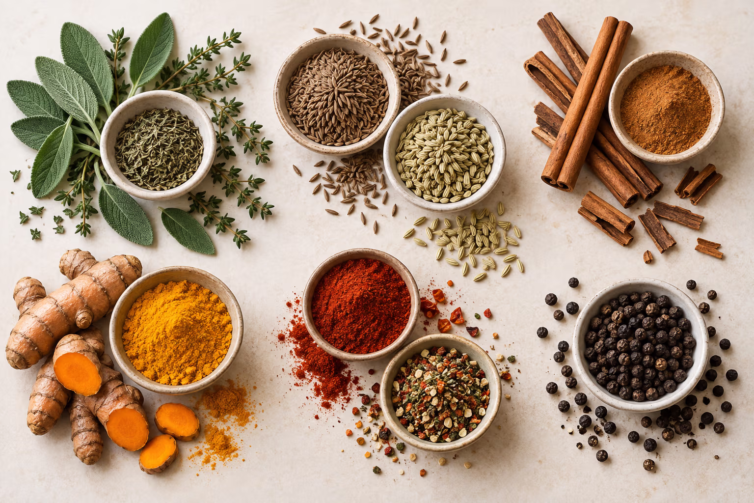 A practical kitchen assortment of dried herbs, seeds, roots, bark, and ground spices