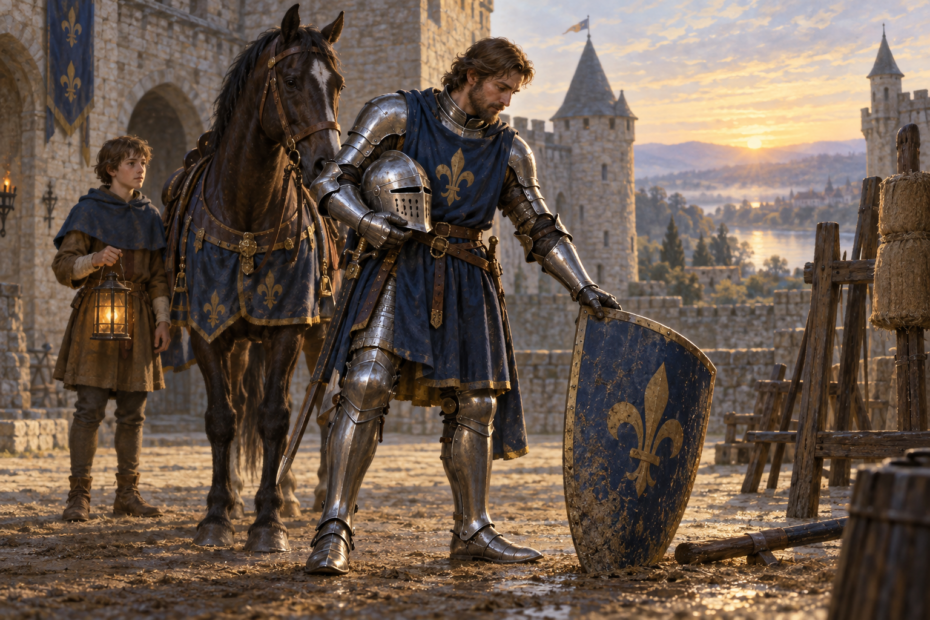 A composed medieval knight in steel armor beside a horse in a castle courtyard