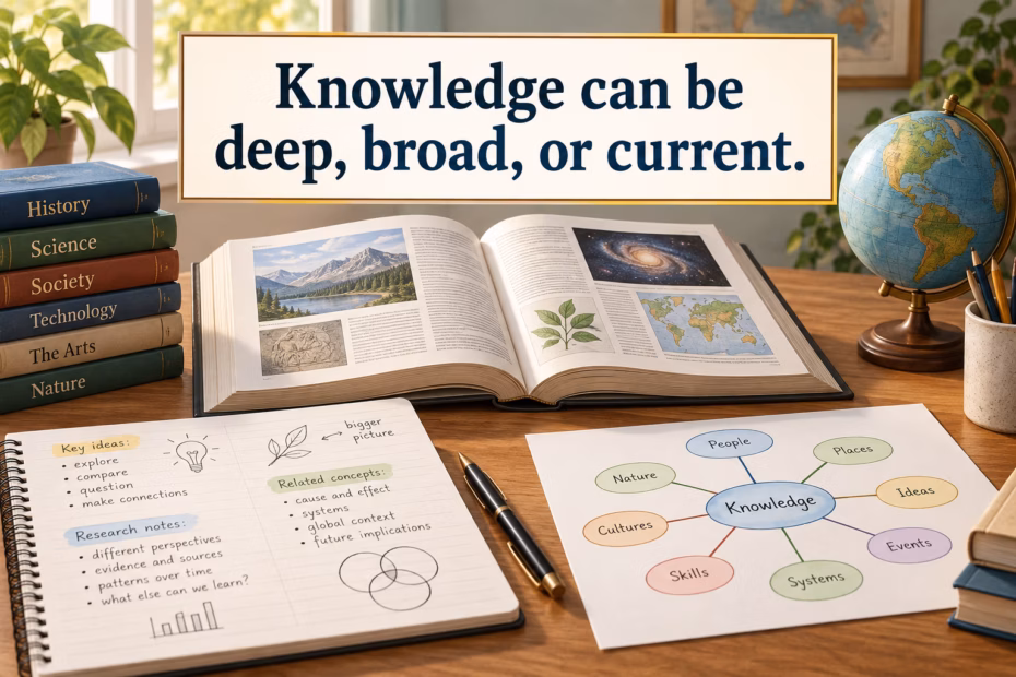 An open reference book, concept map, research notes, and globe illustrate ways to describe knowledge as deep, broad, or current.