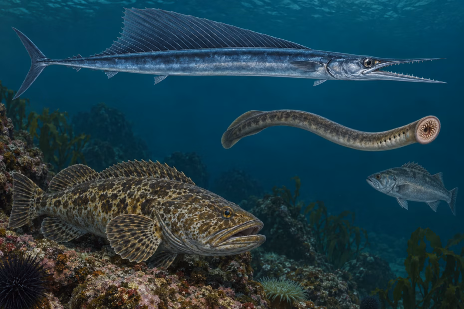 A longnose lancetfish, a sea lamprey, and a Pacific lingcod shown in their marine habitats