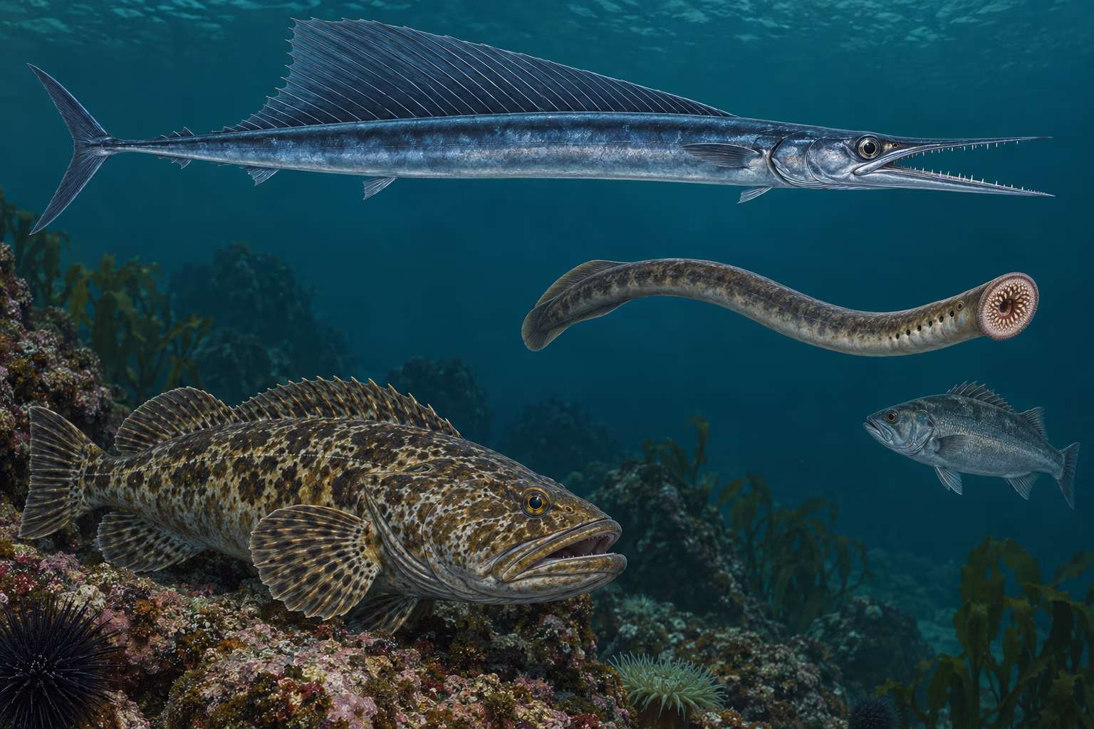 A longnose lancetfish, a sea lamprey, and a Pacific lingcod shown in their marine habitats