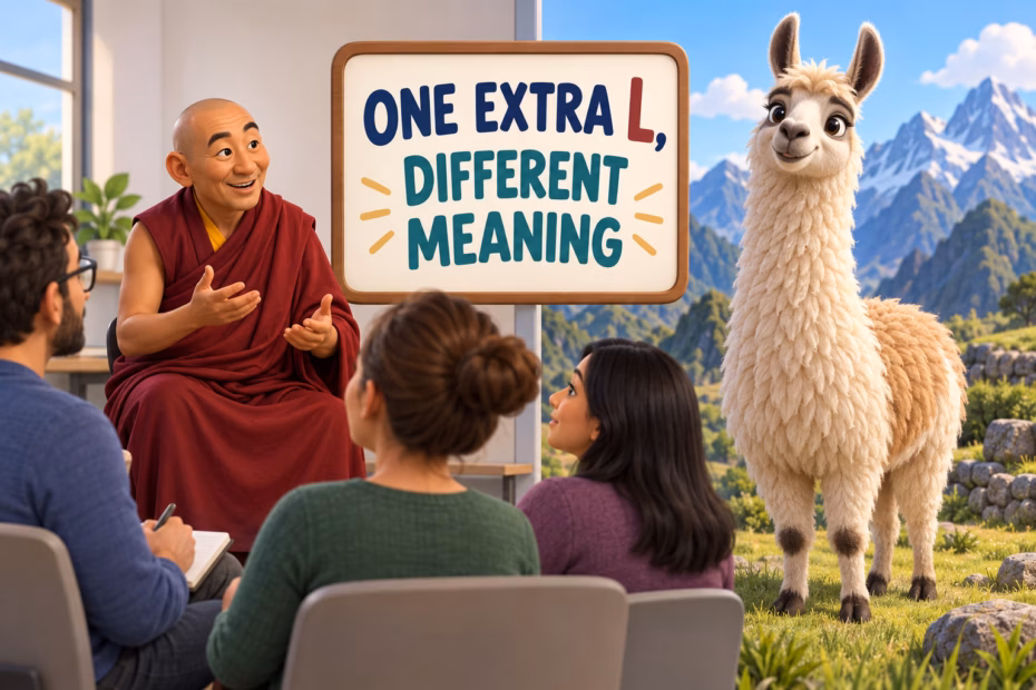 A Tibetan Buddhist teacher and an Andean llama illustrate the spelling difference between lama and llama.