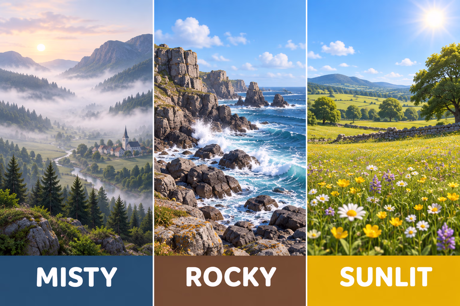 Three landscape panels show a misty valley, rocky coast, and sunlit meadow with matching labels.