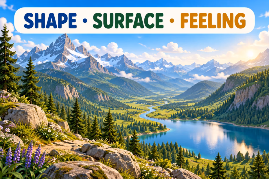 A mountain valley, lake, and tree-covered slopes illustrate landscape features and atmosphere.