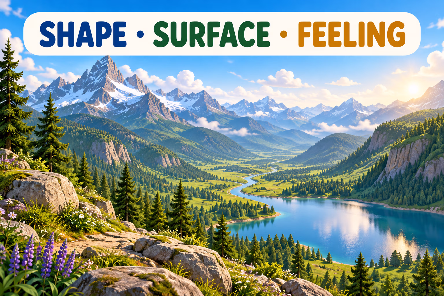 A mountain valley, lake, and tree-covered slopes illustrate landscape features and atmosphere.