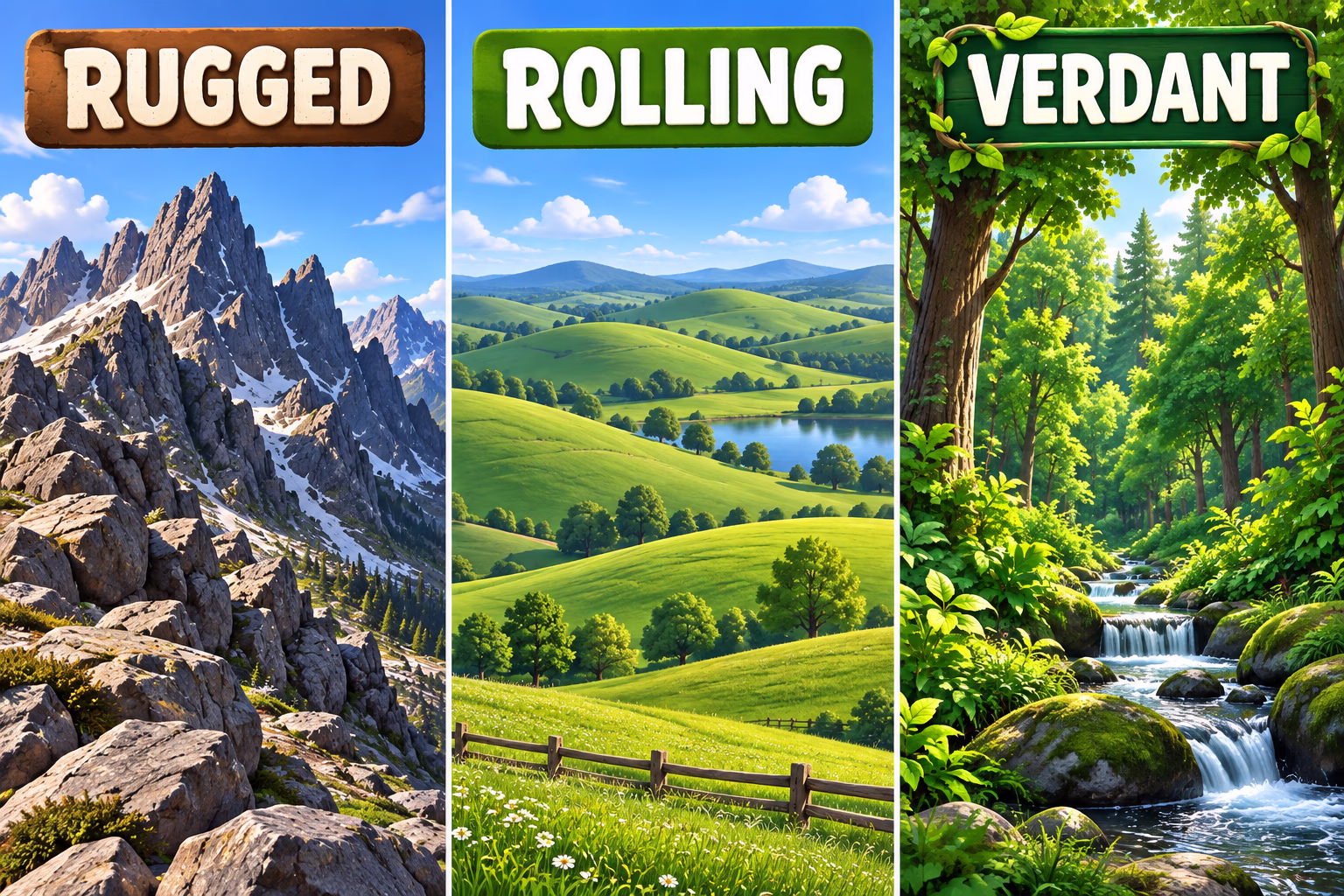 Three panels pair rugged rocky peaks, rolling green hills, and verdant woodland with their matching adjectives.