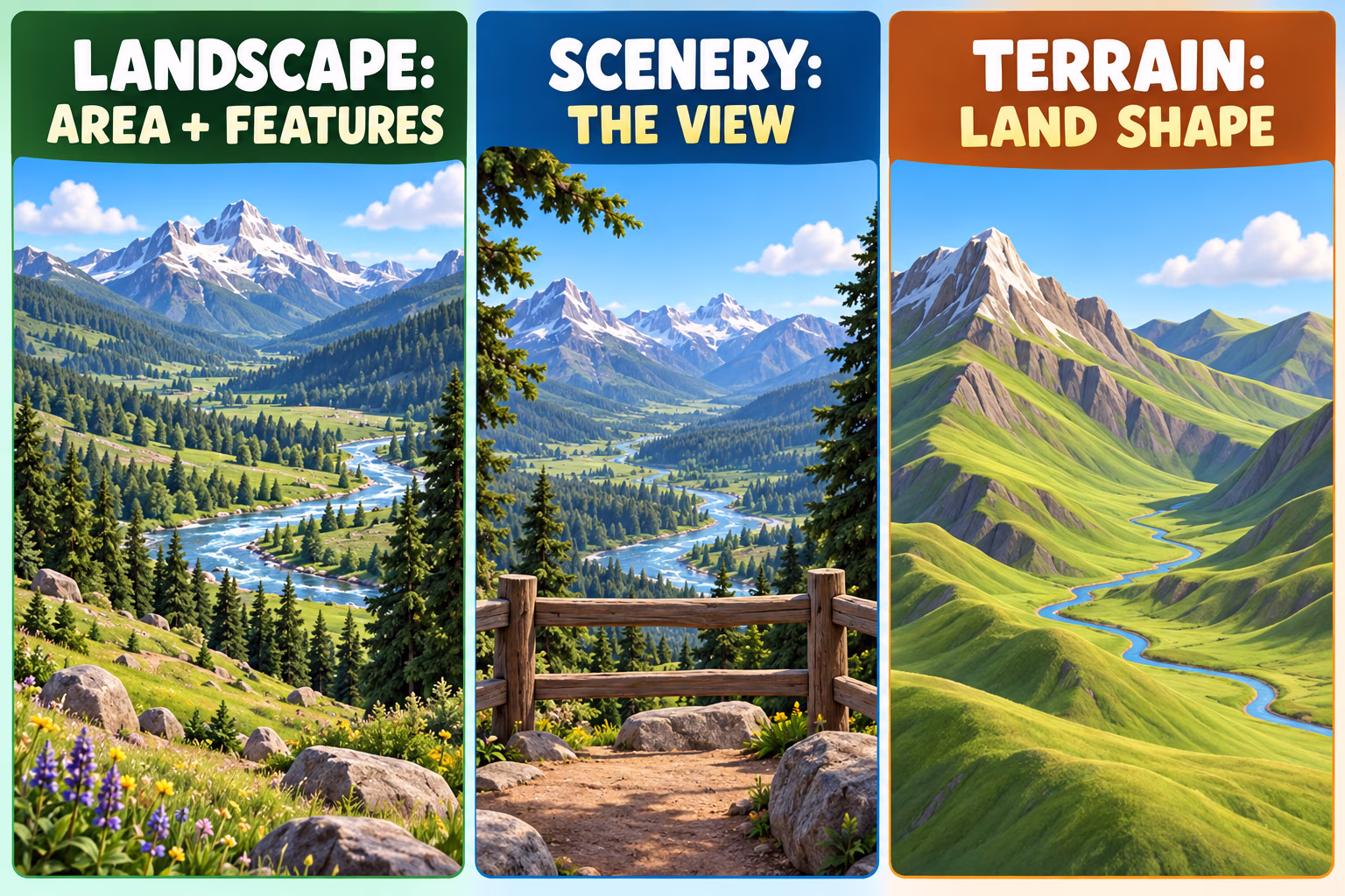 Three panels distinguish landscape as an area and its features, scenery as the view, and terrain as the land shape.