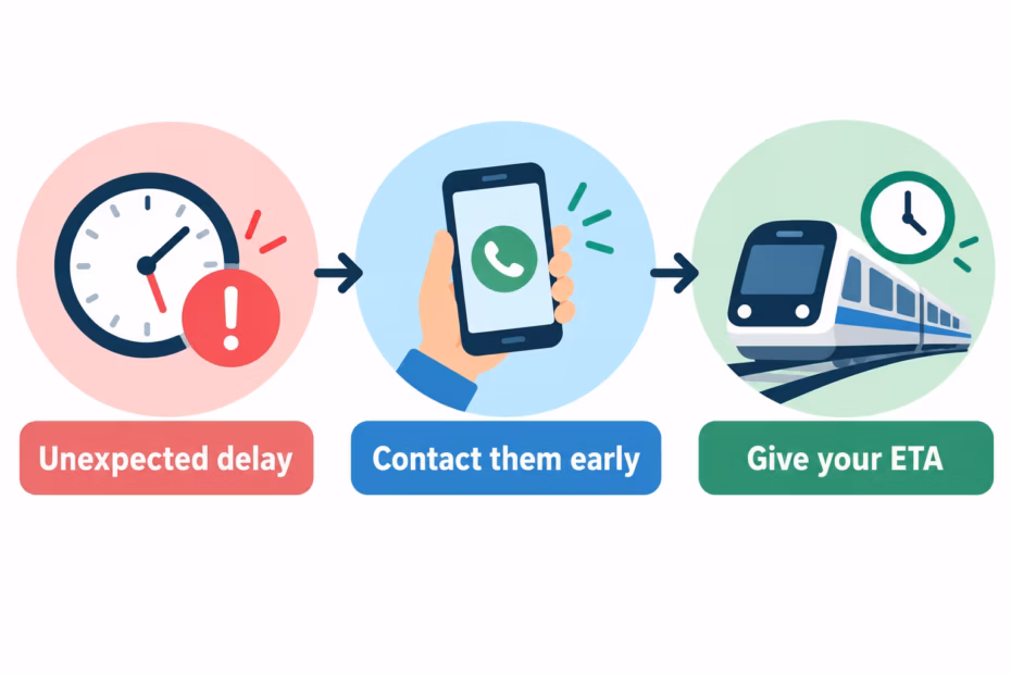 A three-step lateness response: an unexpected delay, contact the other person early, and give an arrival estimate.