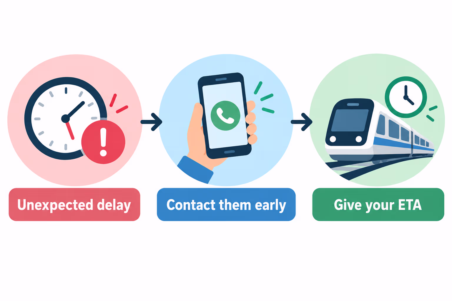 A three-step lateness response: an unexpected delay, contact the other person early, and give an arrival estimate.
