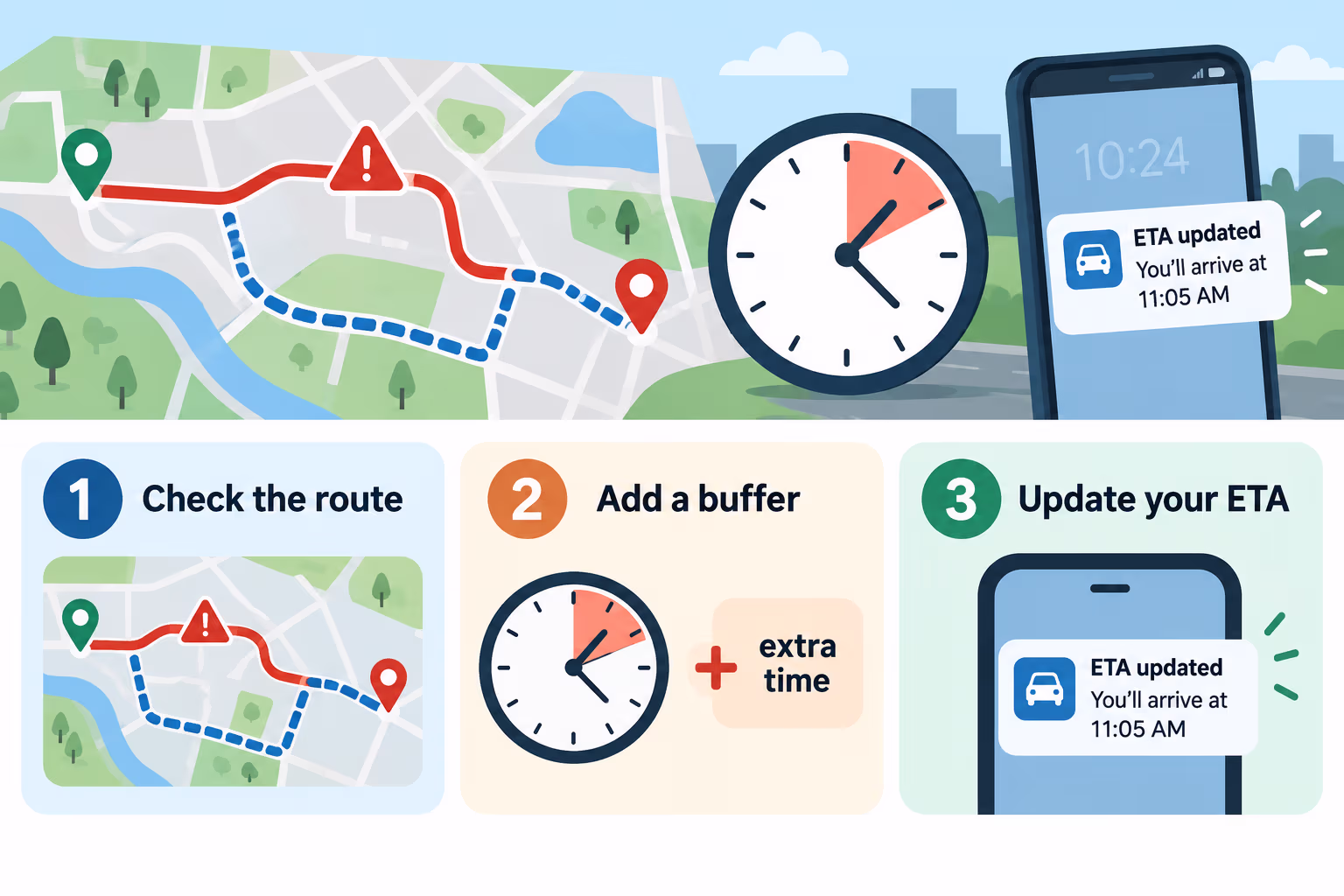 Three steps after a delay: check the route, add a time buffer, and update the estimated arrival time.