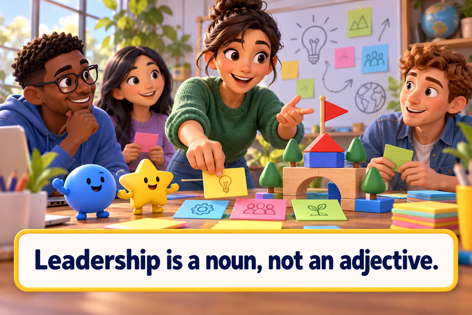 One teammate guides others building a shared model. Leadership is a noun, not an adjective.
