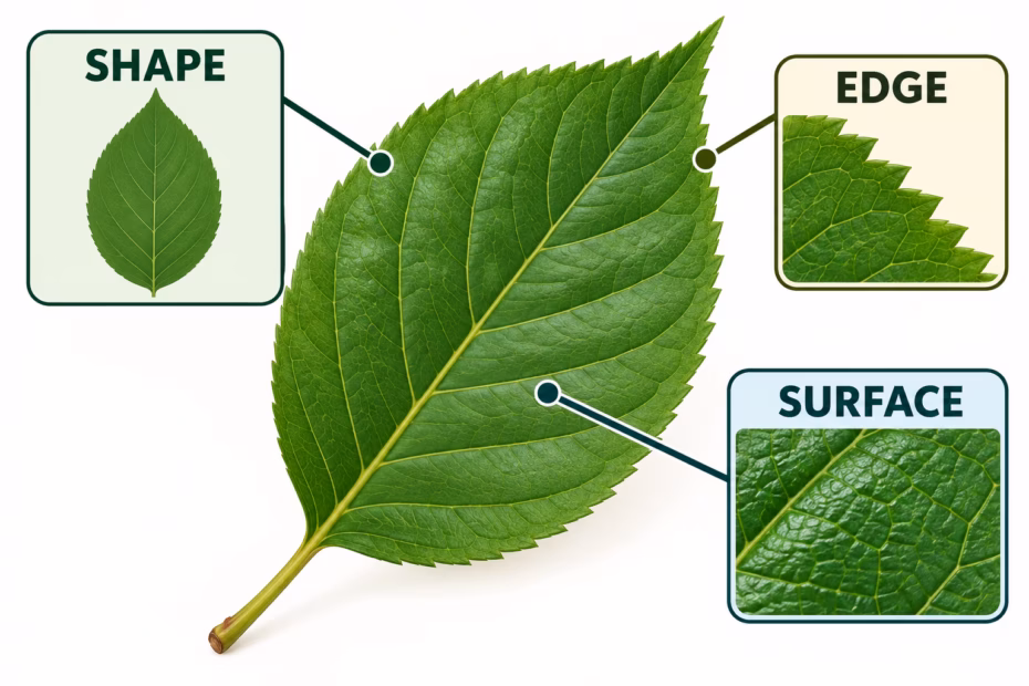 A large illustrated leaf with callouts for its shape, edge, and surface.