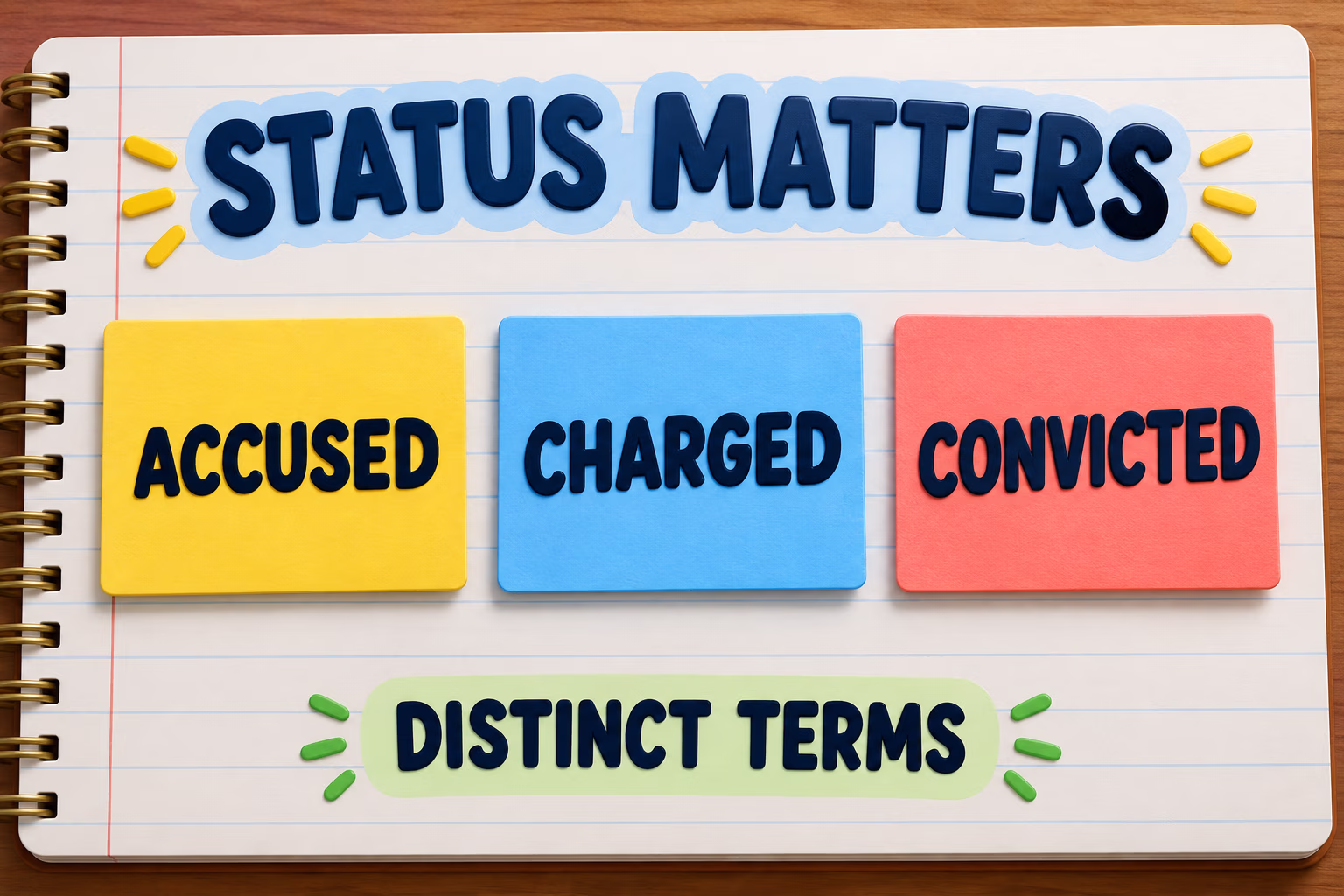 Three separate notebook cards distinguish accused, charged, and convicted as different legal statuses, not steps.
