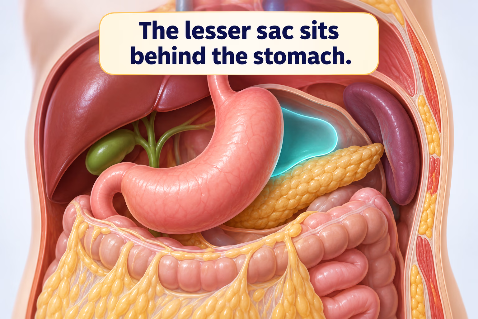 Upper-abdomen anatomy illustration showing the lesser sac behind the stomach and in front of the pancreas