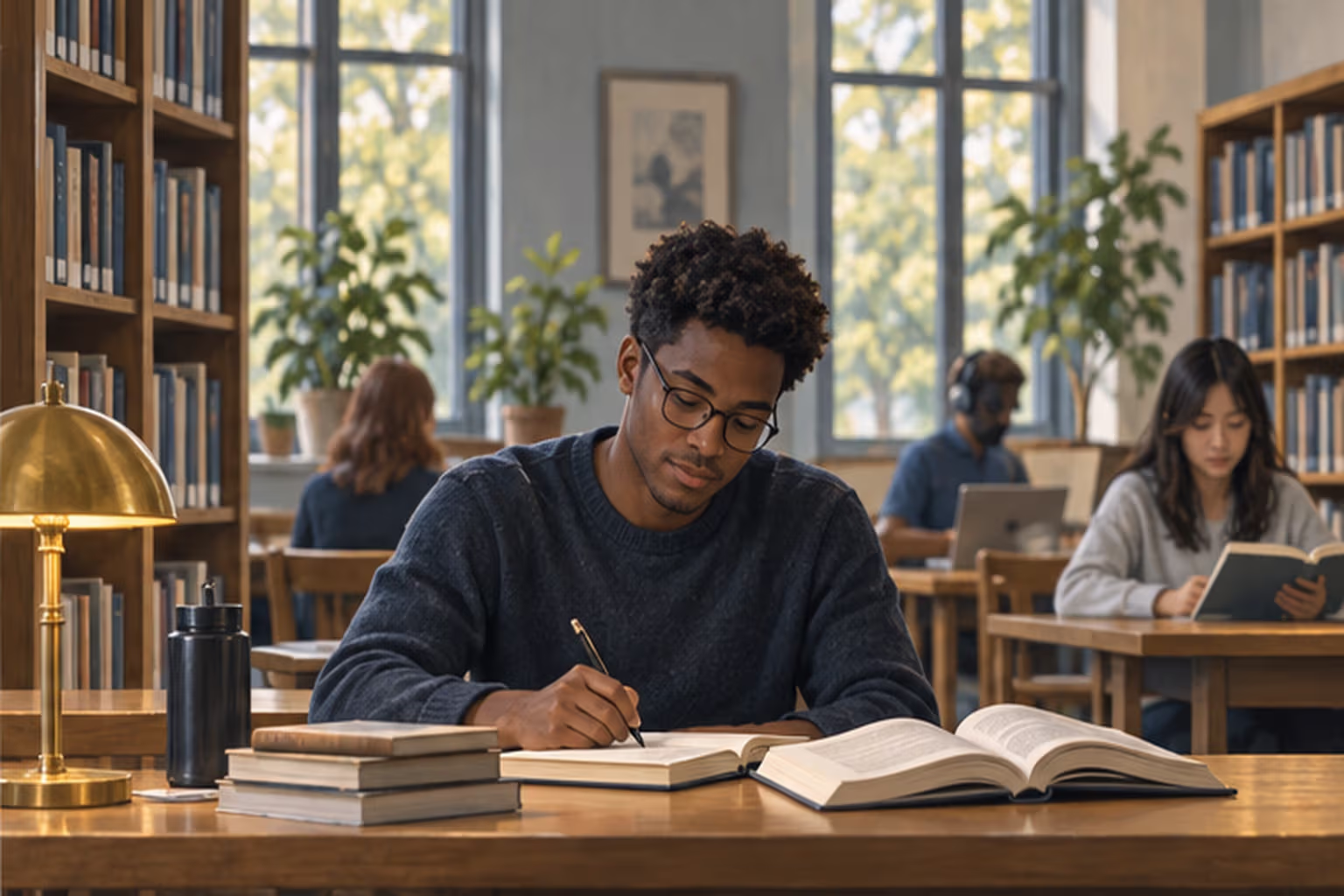 A student reads at a desk in a softly lit public library.
