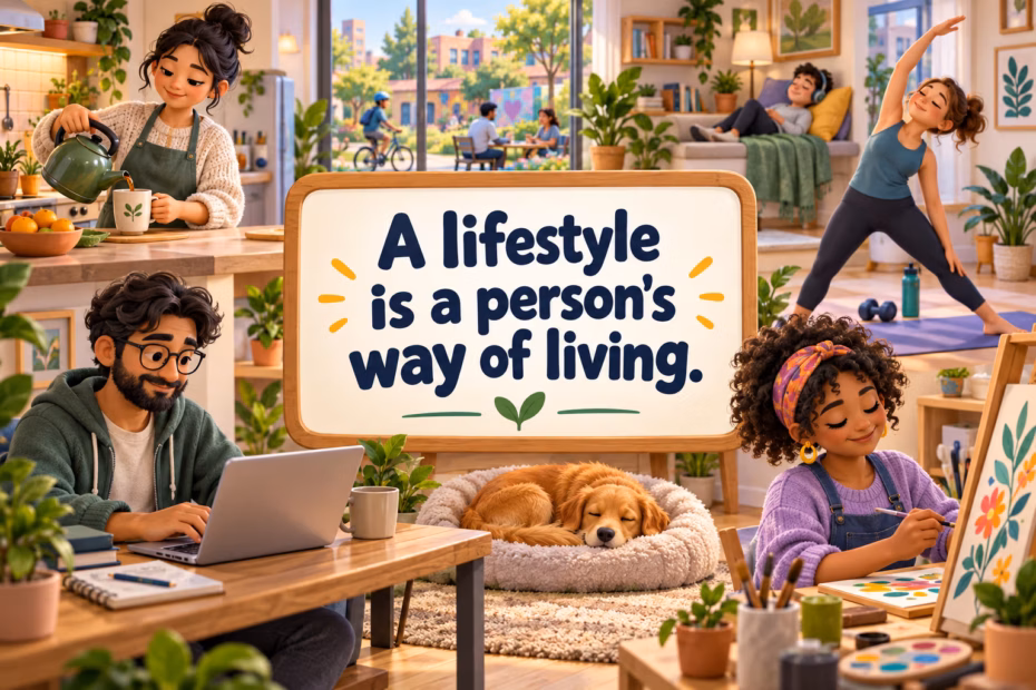People shown in everyday home, work, rest, movement, and hobby scenes illustrate the idea that a lifestyle is a person's way of living.