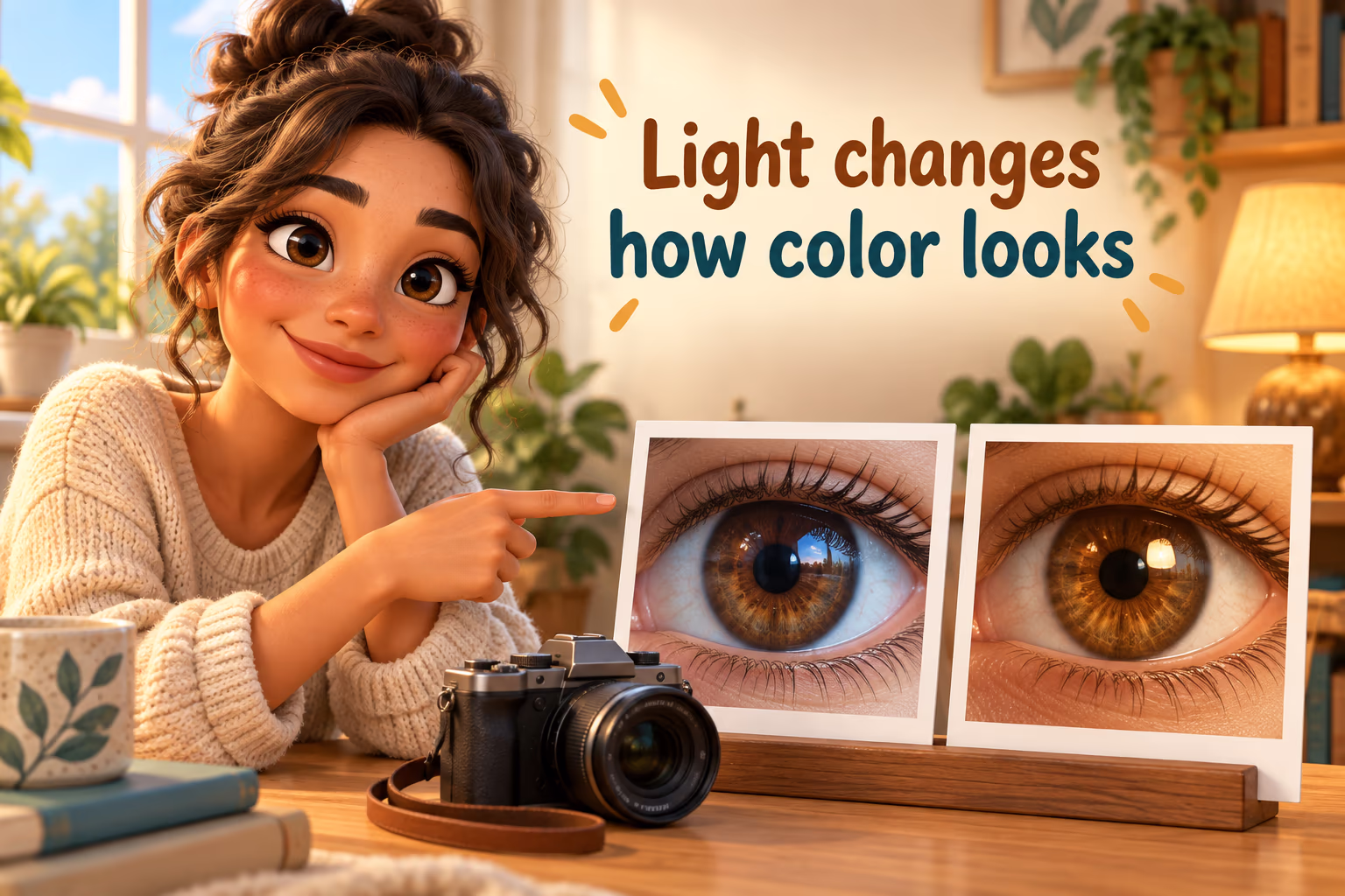 Two brown-eye photos under daylight and warm light: Light changes how color looks.