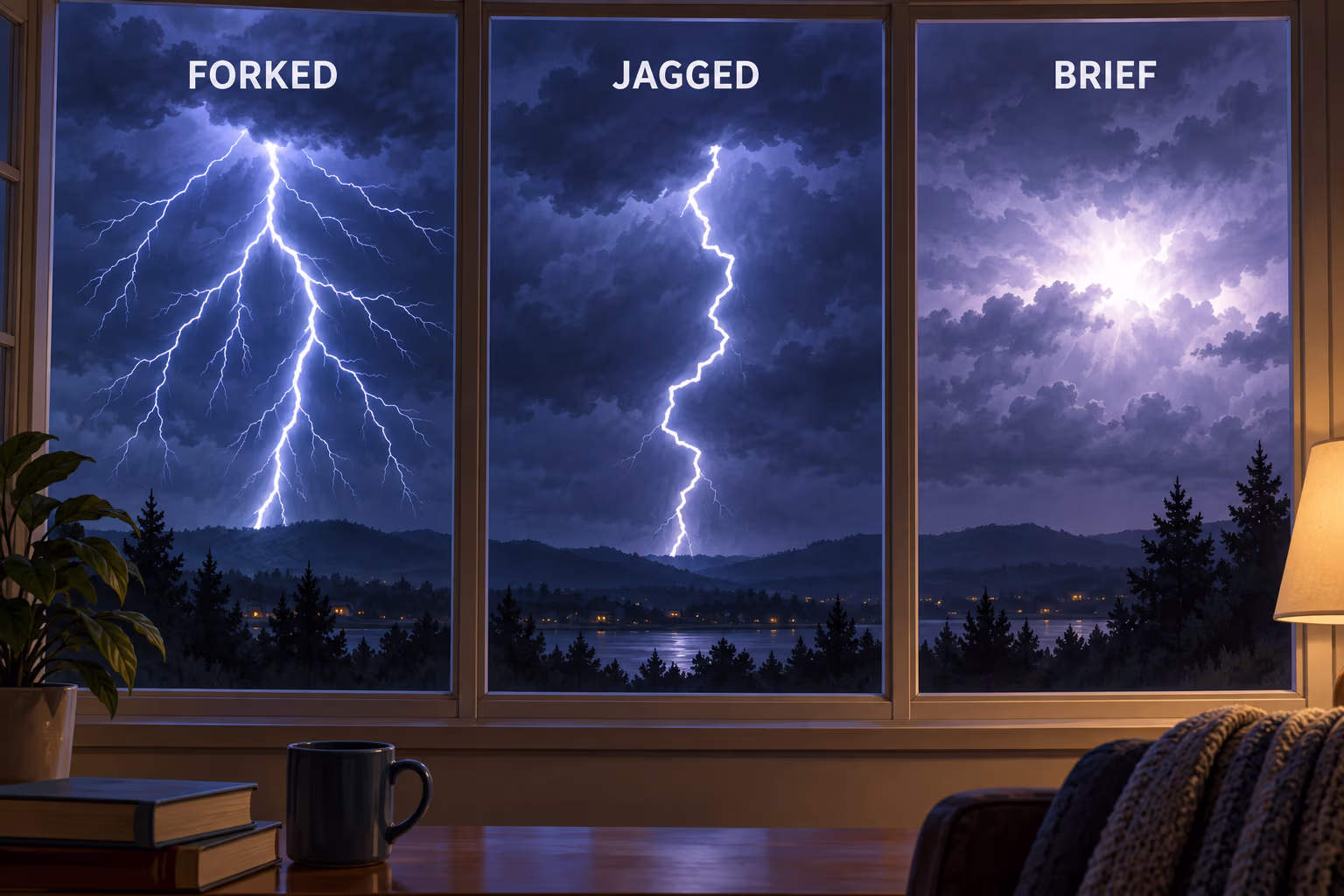 Three lightning flashes illustrate forked, jagged, and brief visual descriptions.