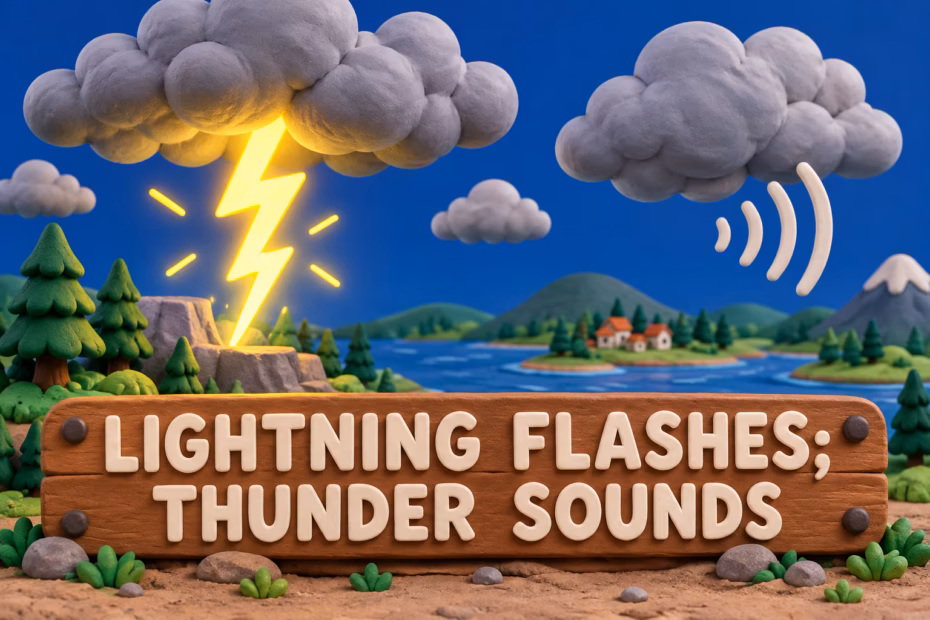 A 3D claymation diorama shows a branching lightning flash and sound-wave marks above the label “LIGHTNING FLASHES; THUNDER SOUNDS.”