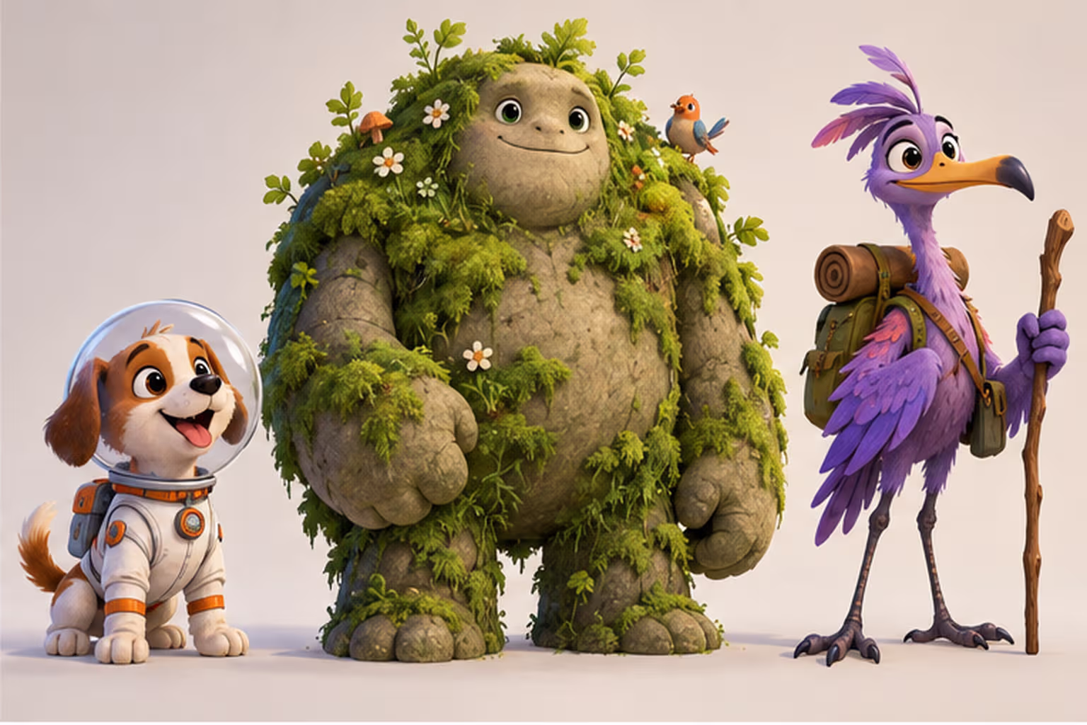 A lineup of three original cartoon characters: an astronaut dog, a moss-covered giant, and a bird explorer.