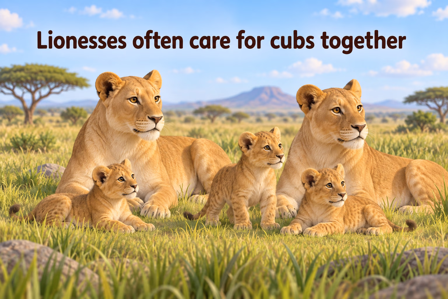 Lionesses caring for cubs together