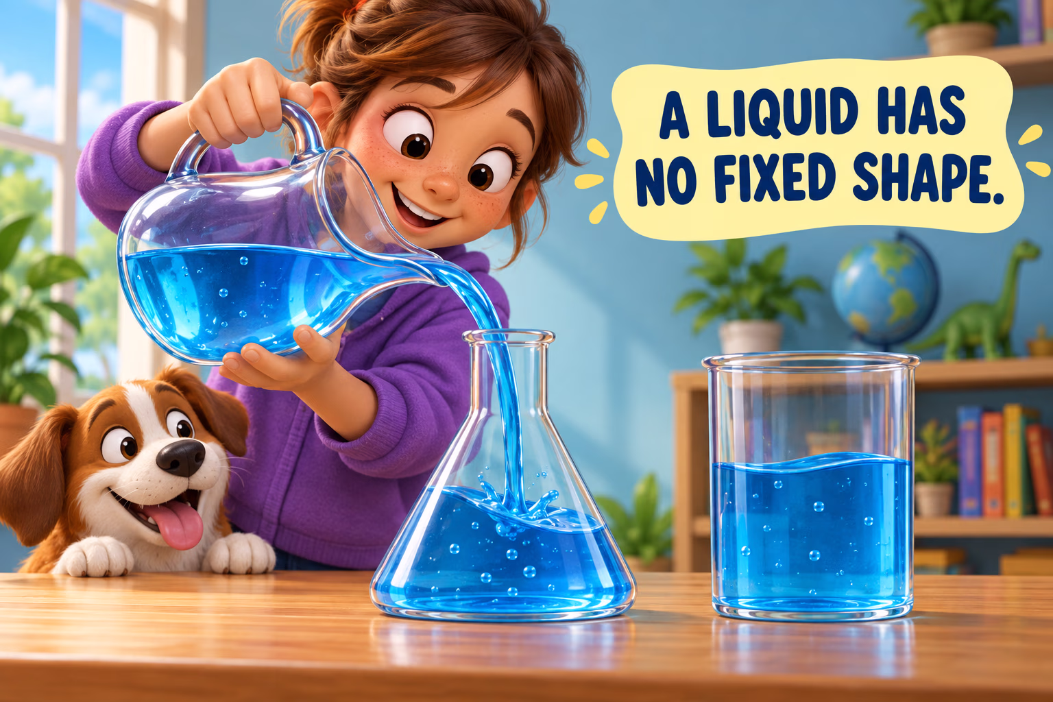 A child pours water between differently shaped containers, illustrating that a liquid takes its container’s shape.
