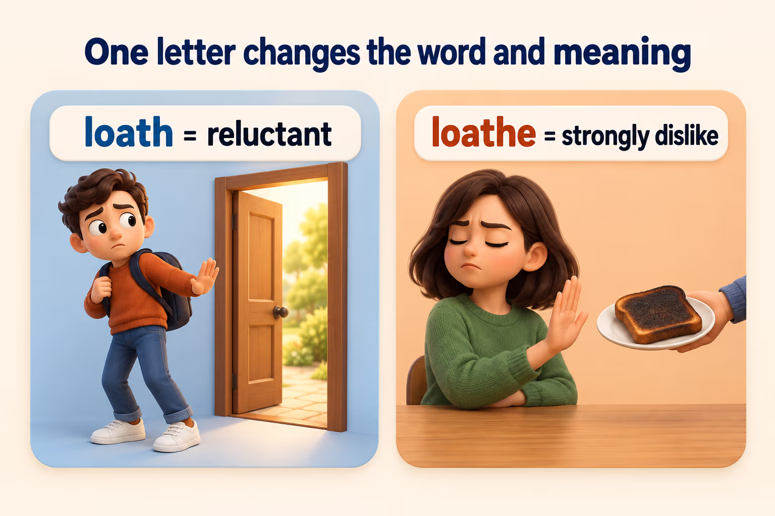 Side-by-side teaching card distinguishing loath, meaning reluctant, from loathe, meaning strongly dislike.