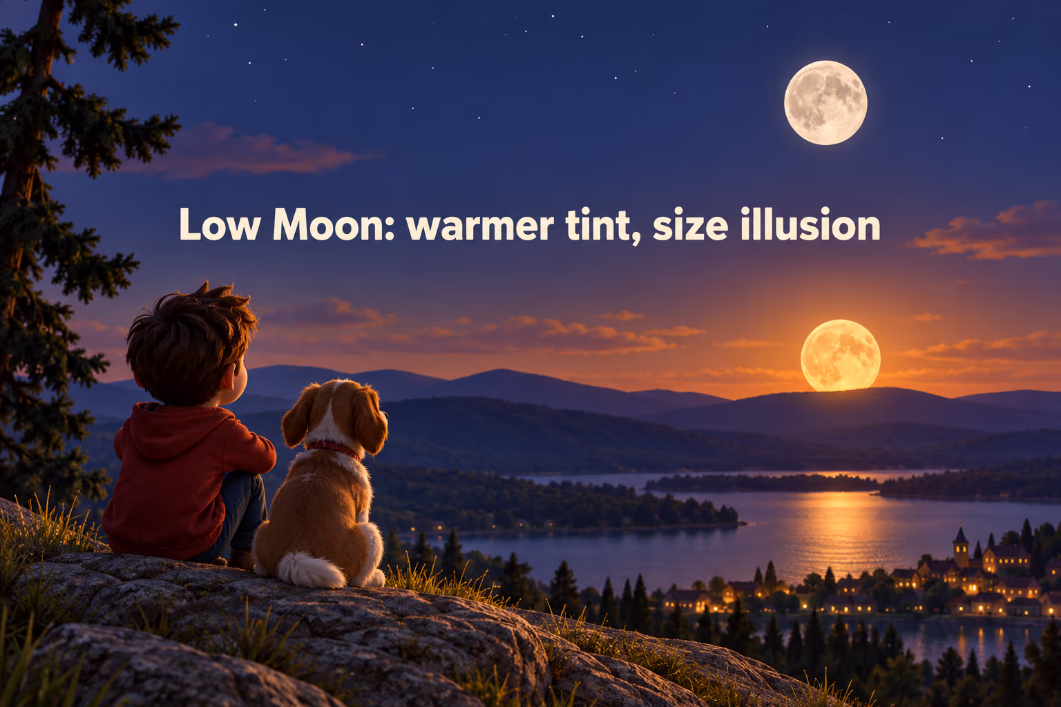 A low amber Moon and a higher pale Moon illustrate warmer color near the horizon and the apparent-size illusion.
