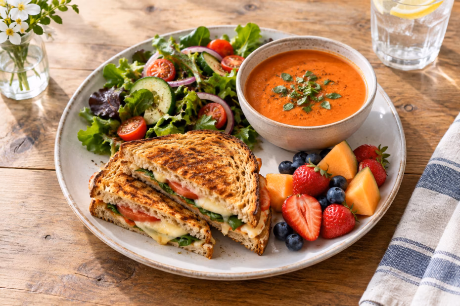 A balanced lunch with soup, toasted sandwich, salad, and fruit