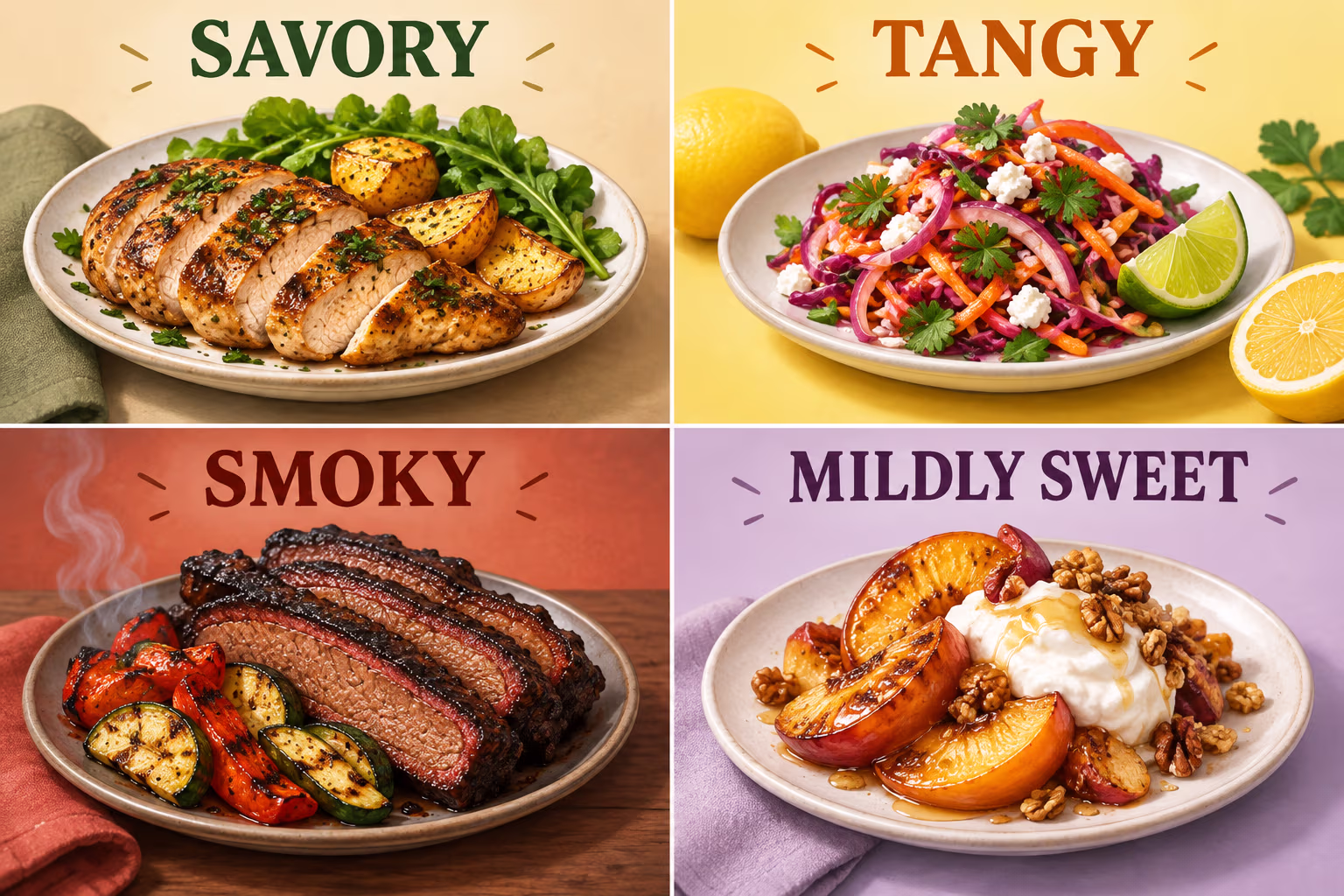 Savory, tangy, smoky, and mildly sweet flavor adjectives shown with different dishes