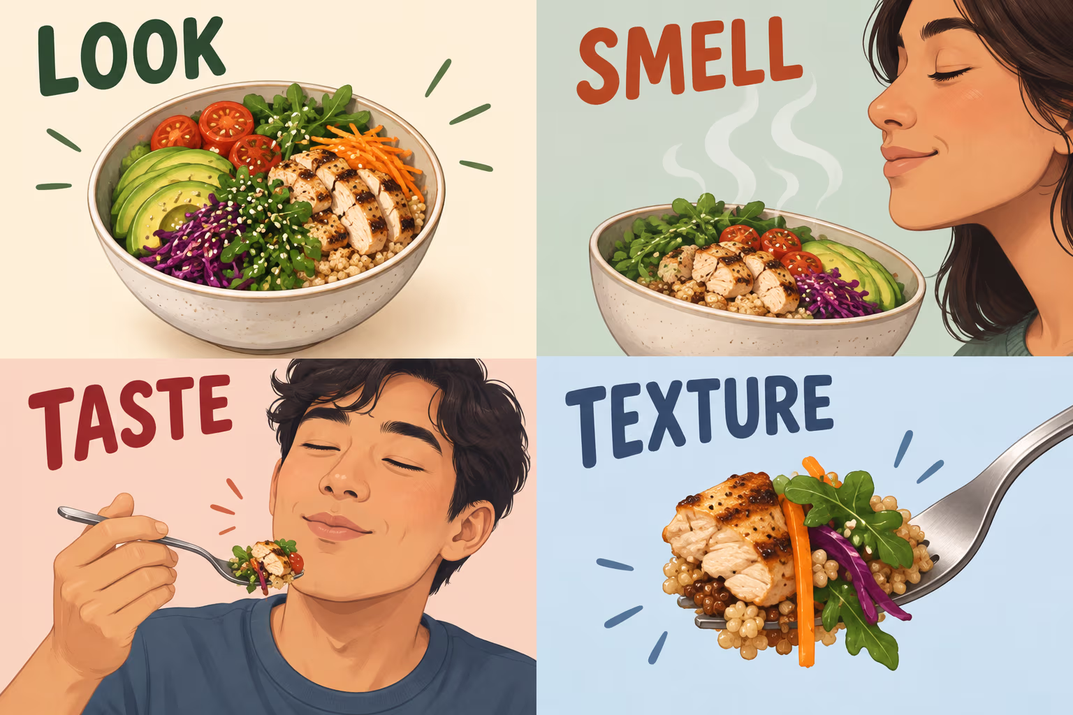 Four sensory cues for describing lunch: look, smell, taste, and texture