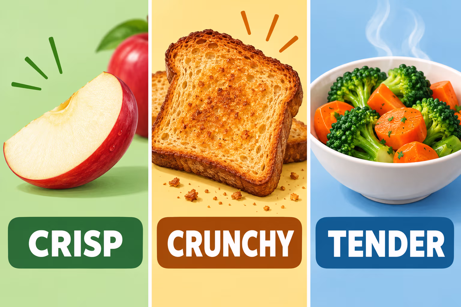 Crisp apple, crunchy toast, and tender vegetables illustrate lunch texture adjectives