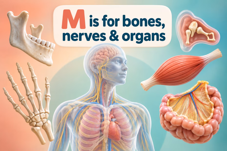 3D anatomy collage of a jaw, hand bones, ossicles, muscle, and mesentery; M is for bones, nerves and organs.