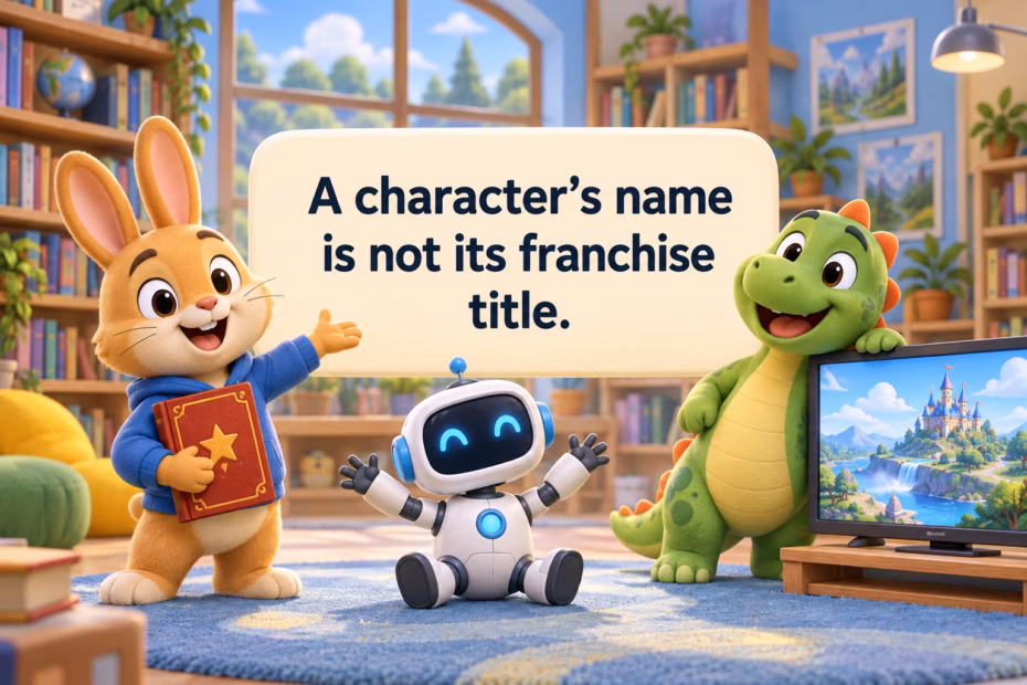 Generic colorful cartoon figures beside a storybook and screen illustrate that character names differ from franchise titles.