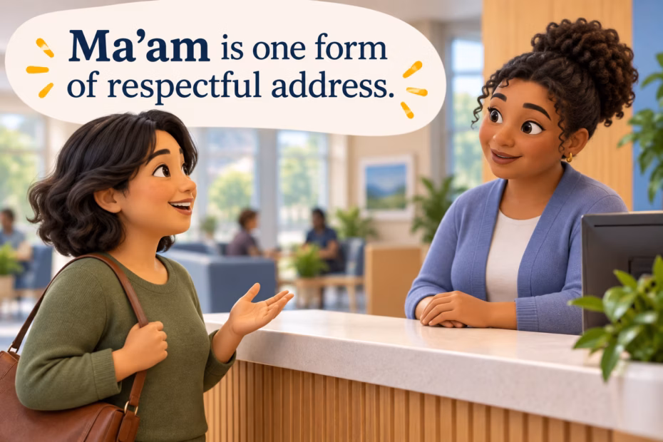 Two adults speak at a help desk, illustrating ma’am as one possible respectful form of address.