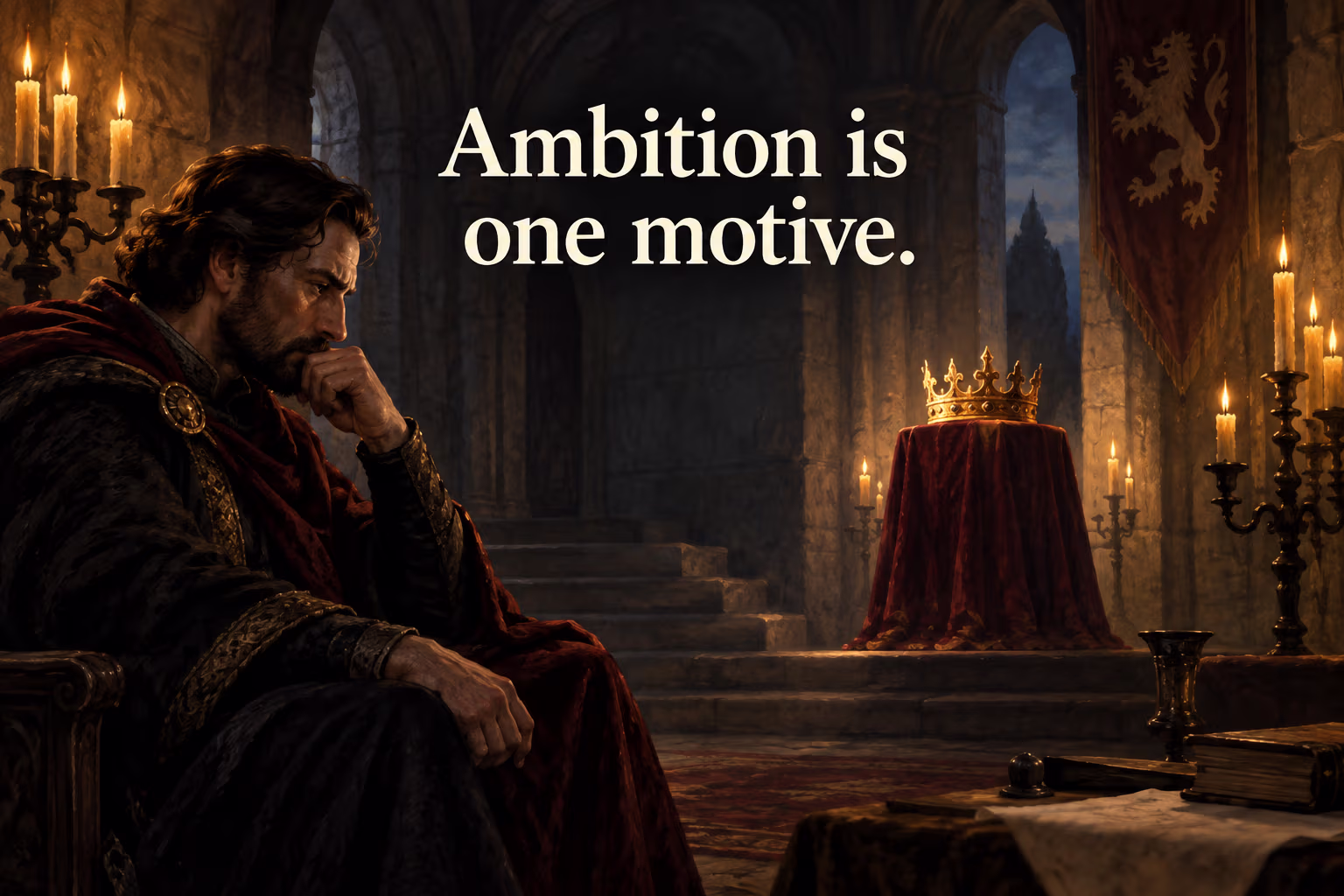 An imagined Macbeth considers a crown; the caption says ambition is one motive.