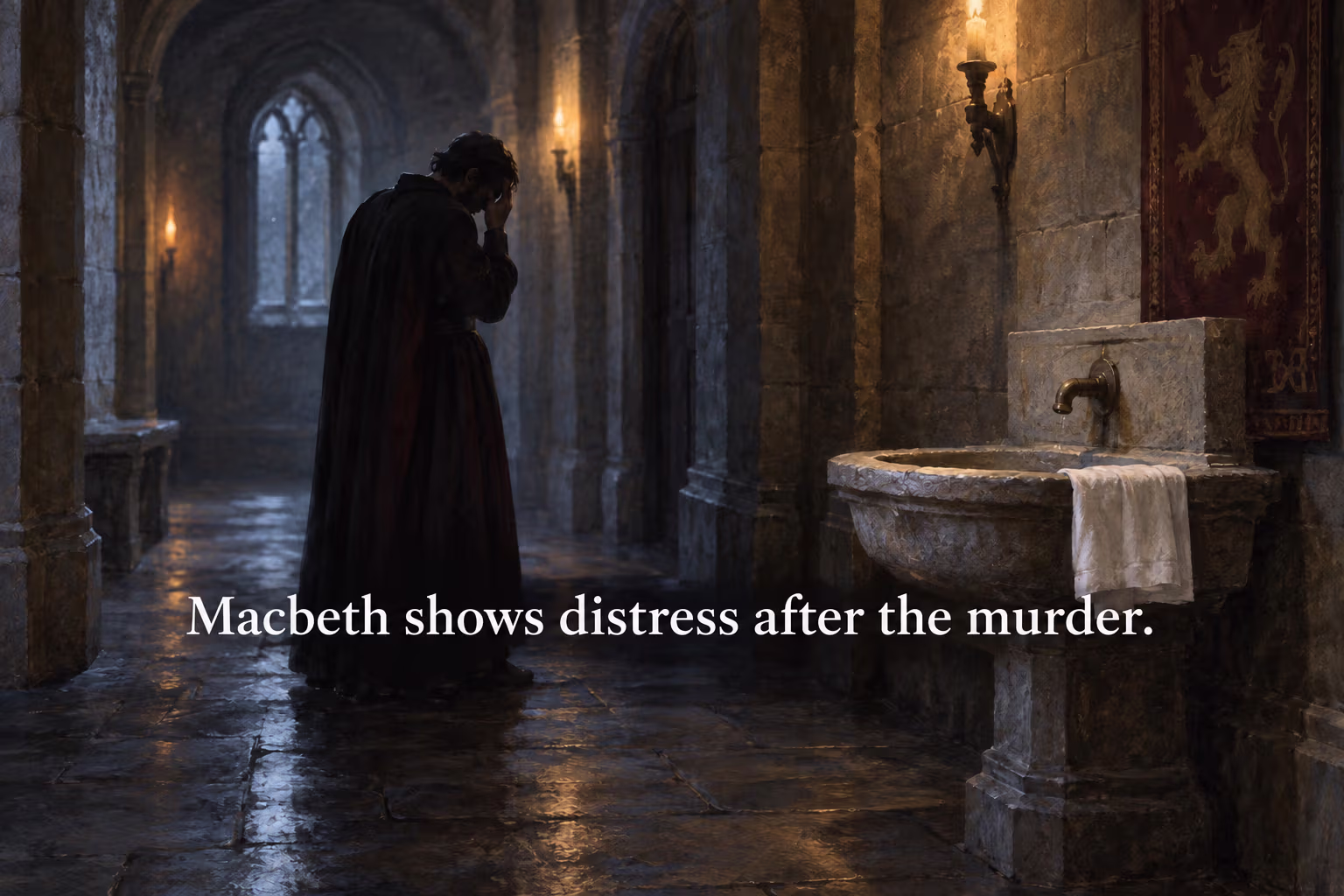 A shadowed figure shows distress after Duncan’s murder; the image does not label or diagnose the emotion.