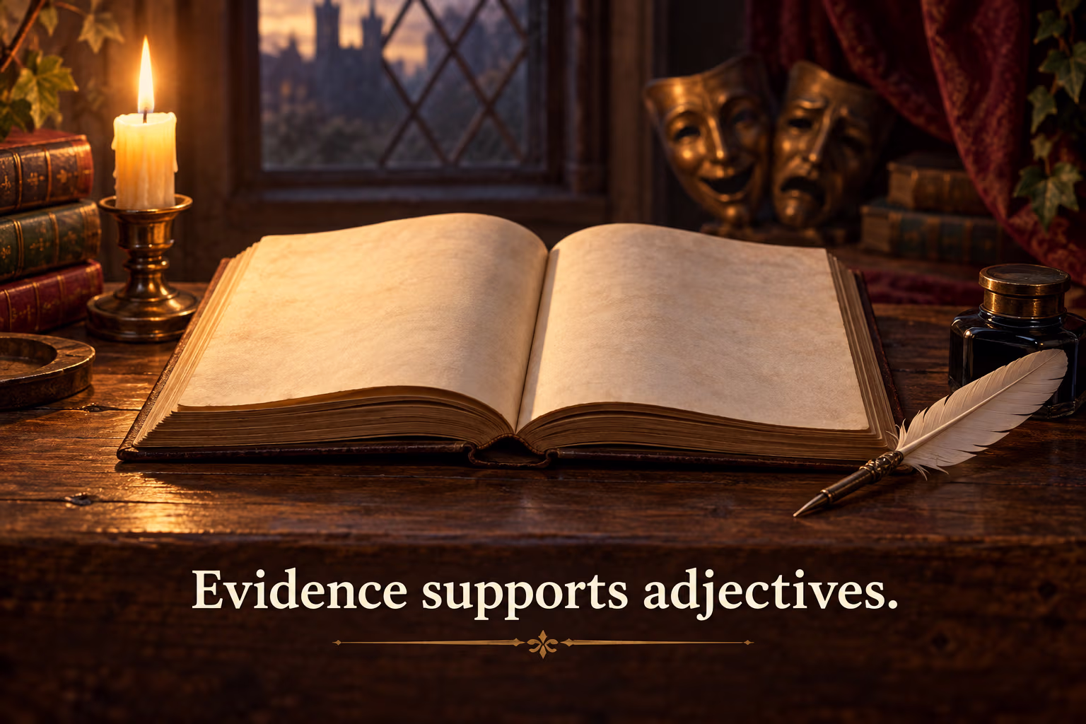 An open unmarked script and quill; the caption says evidence supports adjectives.