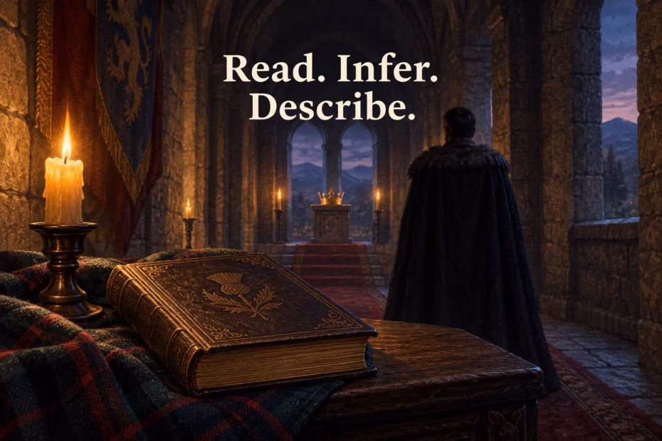 Anonymous figure in a castle corridor beside a book and crown; text reads “Read. Infer. Describe.”