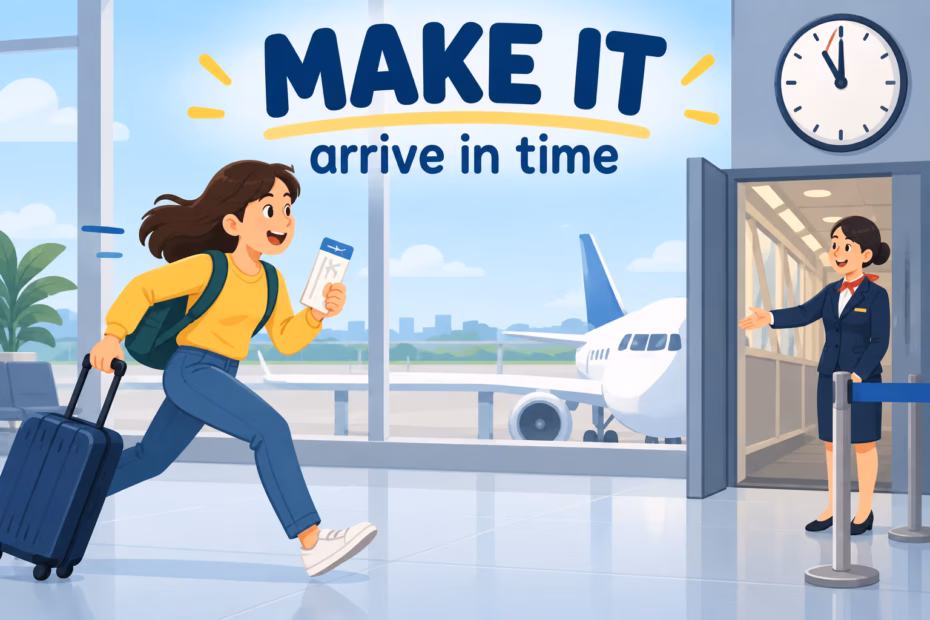 A traveler reaches an airport gate just before boarding, illustrating make it meaning arrive in time.