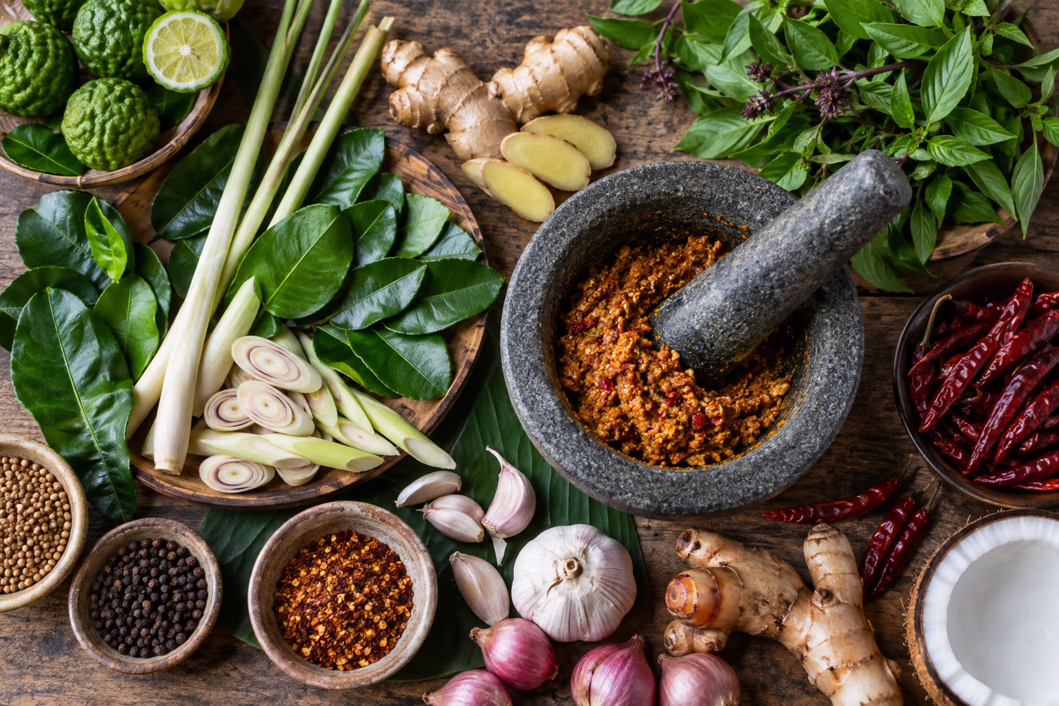 Makrut lime leaves, lemongrass, ginger, herbs, and spices arranged for Southeast Asian cooking