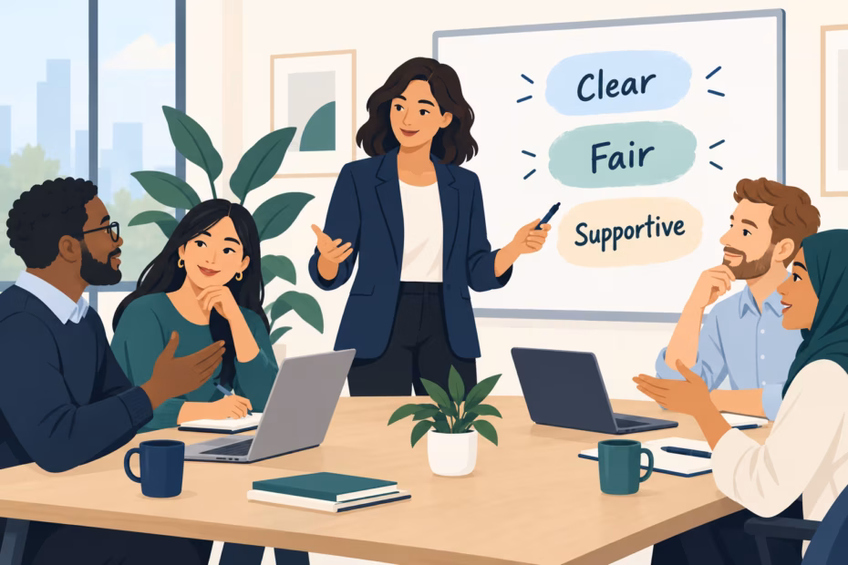 Manager guiding a team discussion about clear, fair, supportive management