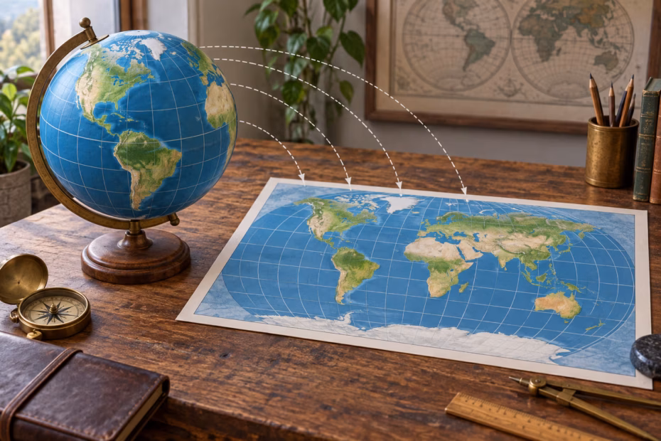 A globe and a flat world map on a cartographer's desk, connected by guide lines