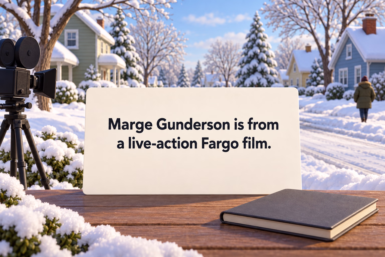 A gentle snowy-town illustration explains that Marge Gunderson appears in a live-action Fargo film.