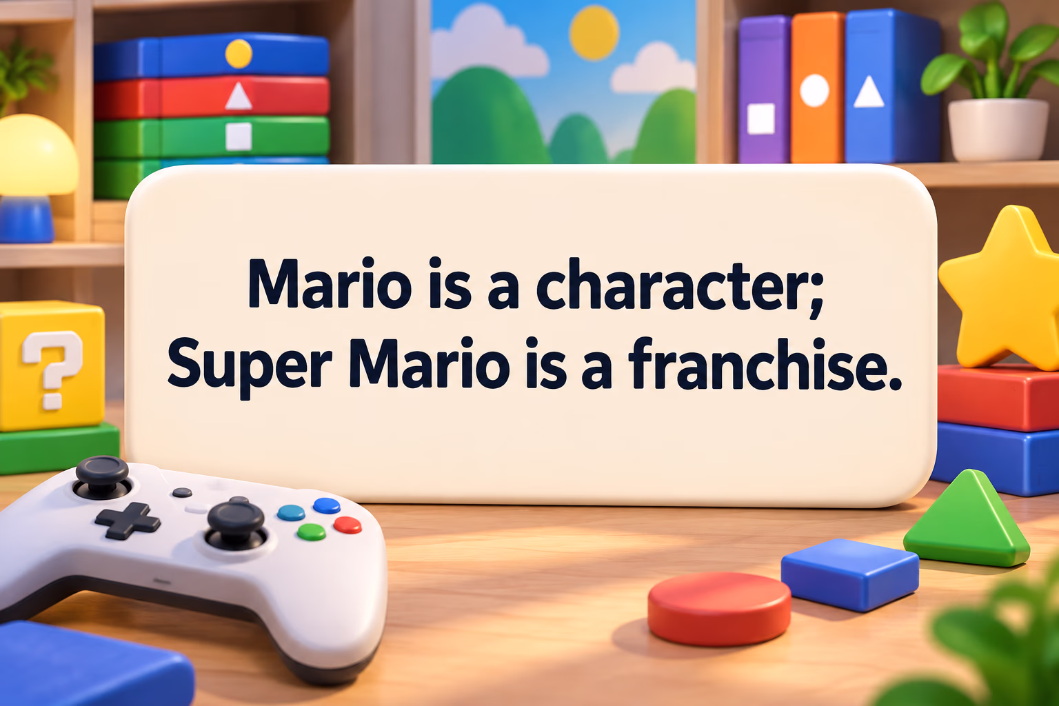 An abstract game-library illustration explains the difference between Mario the character and the Super Mario franchise.